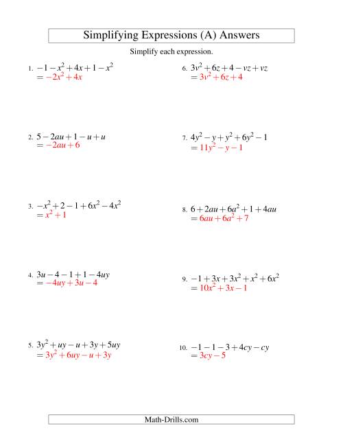 Simplifying Algebraic Expressions with Two Variables and Five ...
