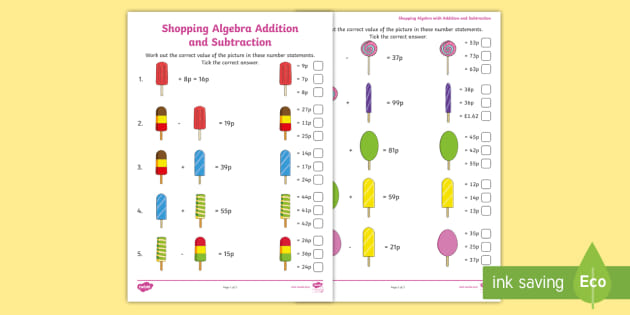 Algebra Addition &  Subtraction Worksheet - Primary Resource