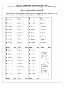 addition facts to 20 worksheet