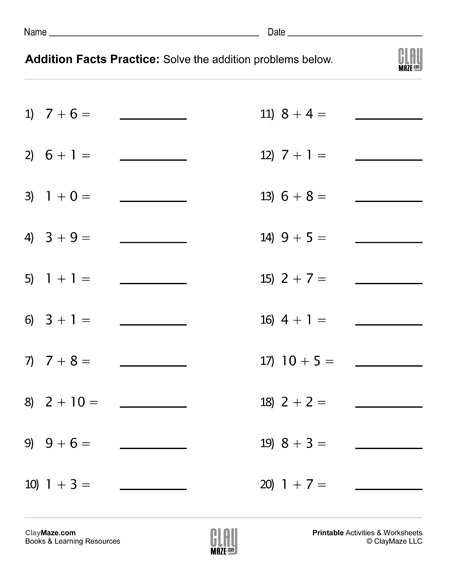 addition facts worksheet 4th