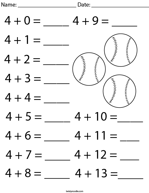 Addition Facts- Number 4 Math Worksheet - Twisty Noodle