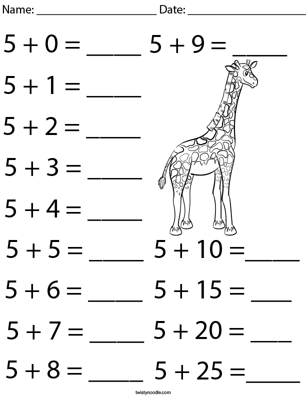 Addition Facts- Number 5 Math Worksheet - Twisty Noodle