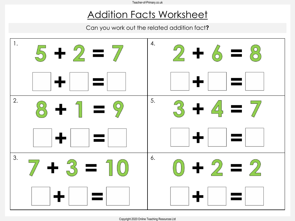 Addition and Subtraction Facts - Worksheet | Maths Year 1