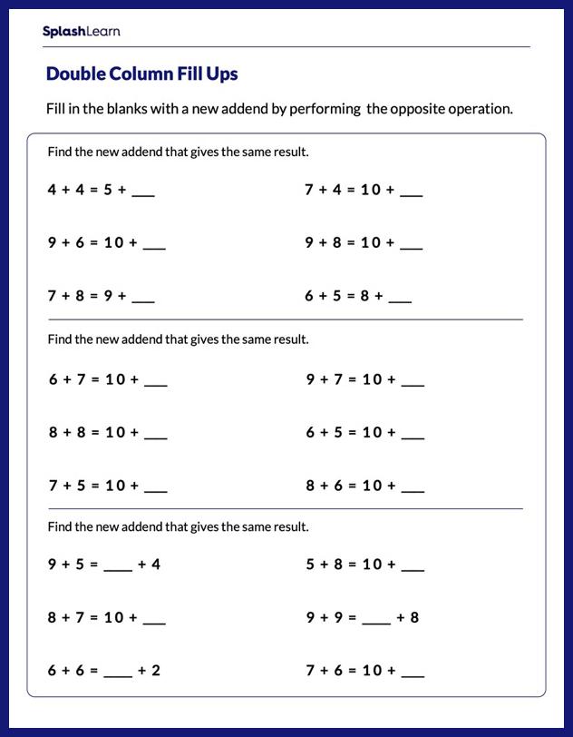 addition facts worksheet for