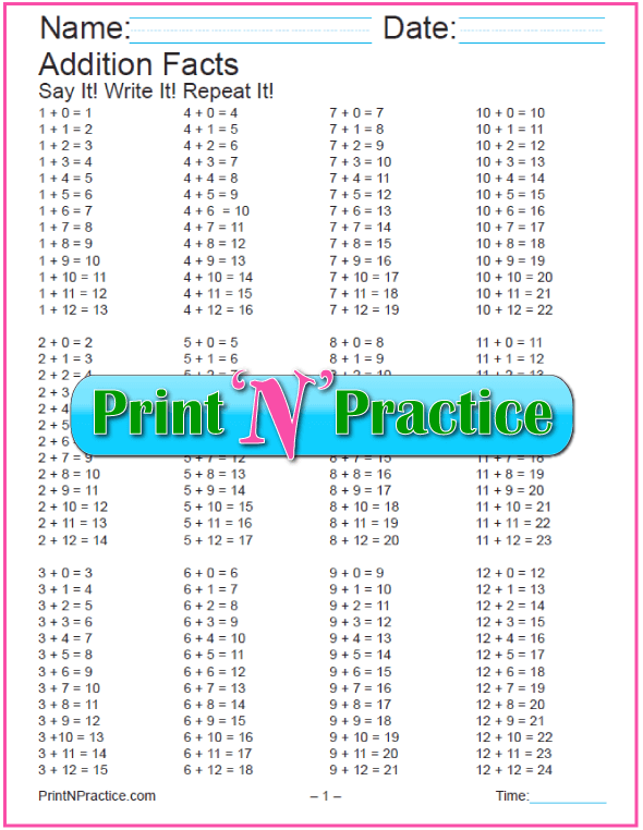 addition facts worksheet free printable
