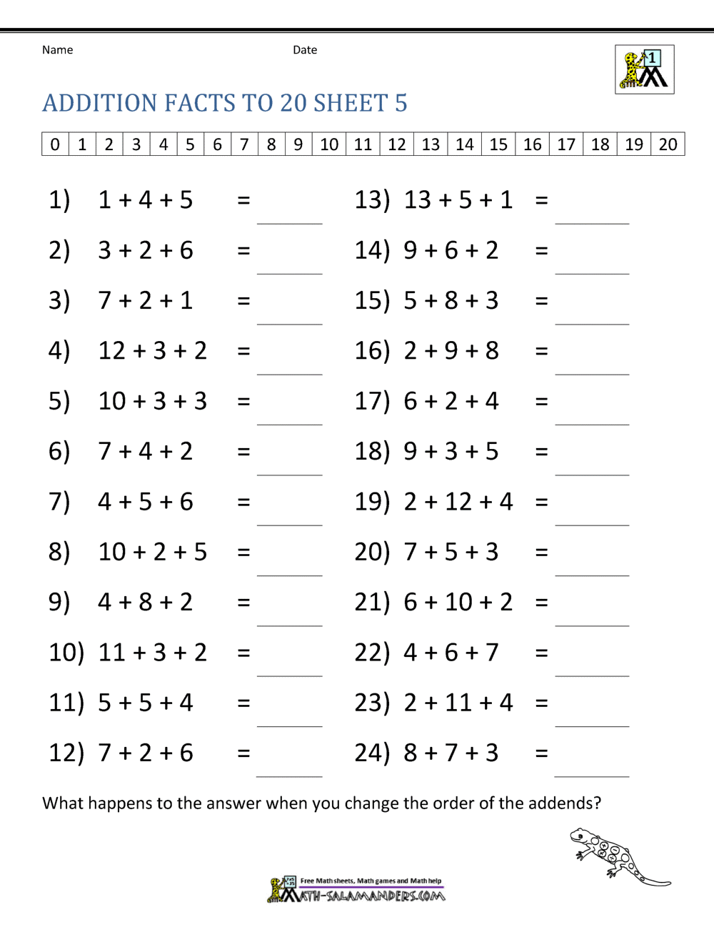 addition facts worksheet up to 20