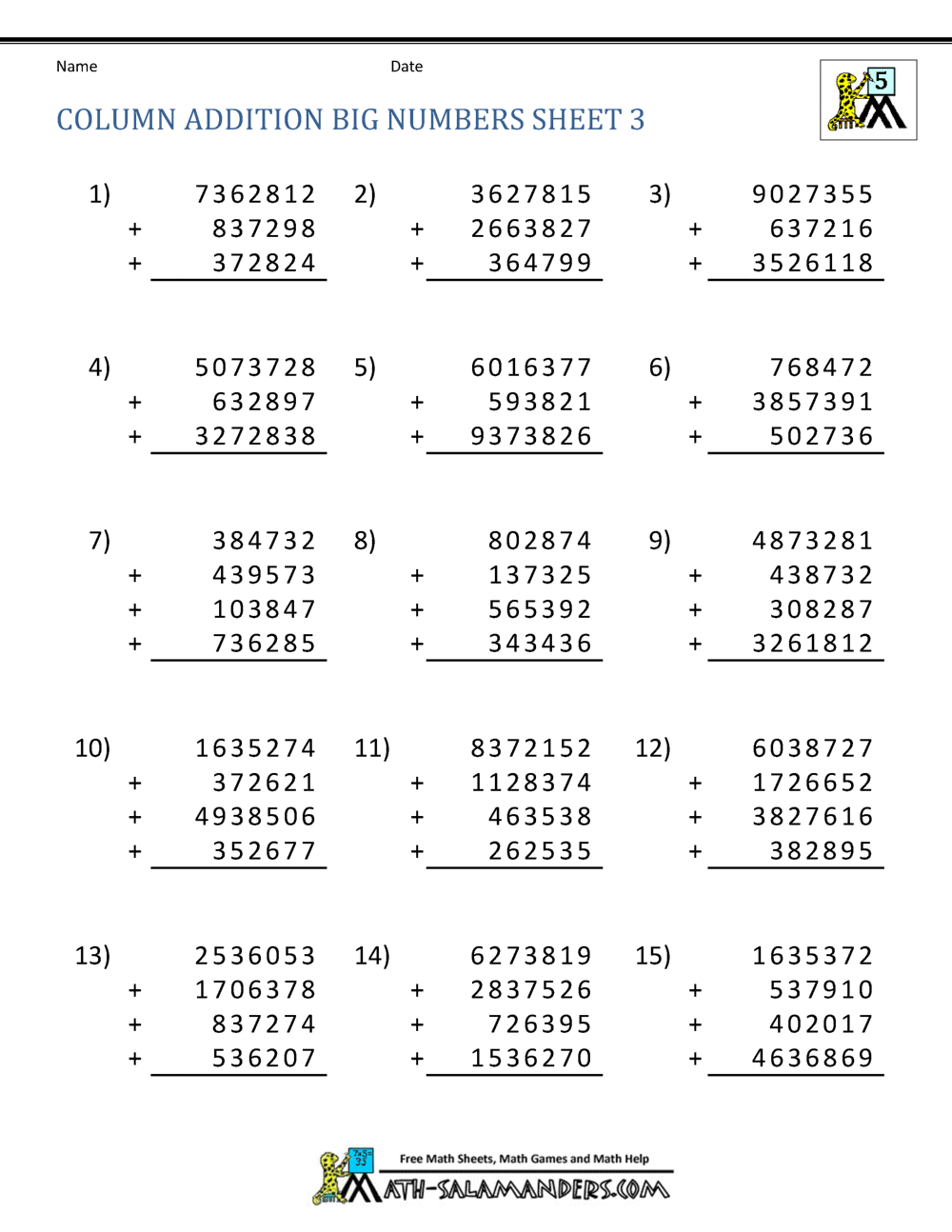5th Grade Addition Worksheets