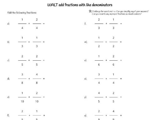 addition fraction worksheet like denominators