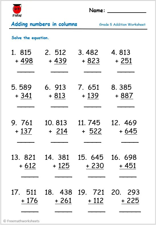 Grade 5 Addition Worksheets | Free Worksheets | Printables