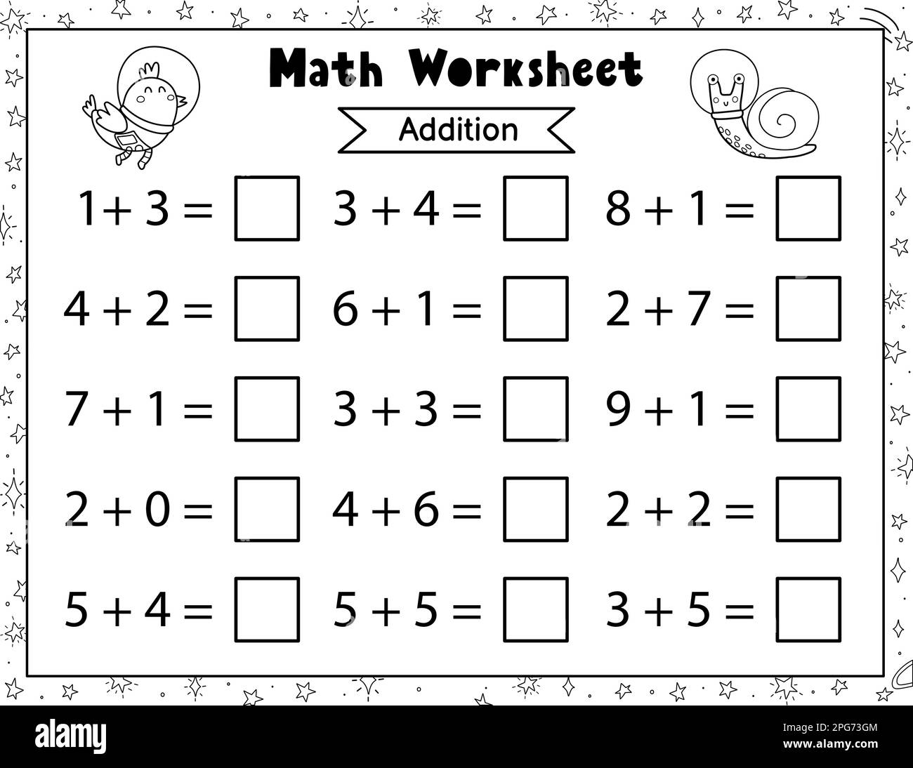 Math worksheet for kids. Addition and Subtraction. Space black and ...