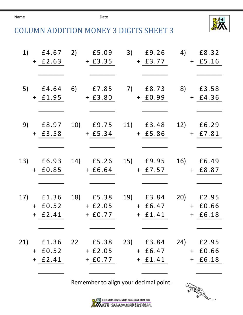 addition money worksheet free printables
