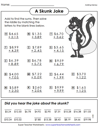 addition money worksheet free