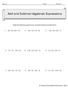 addition of algebraic expressions worksheet pdf