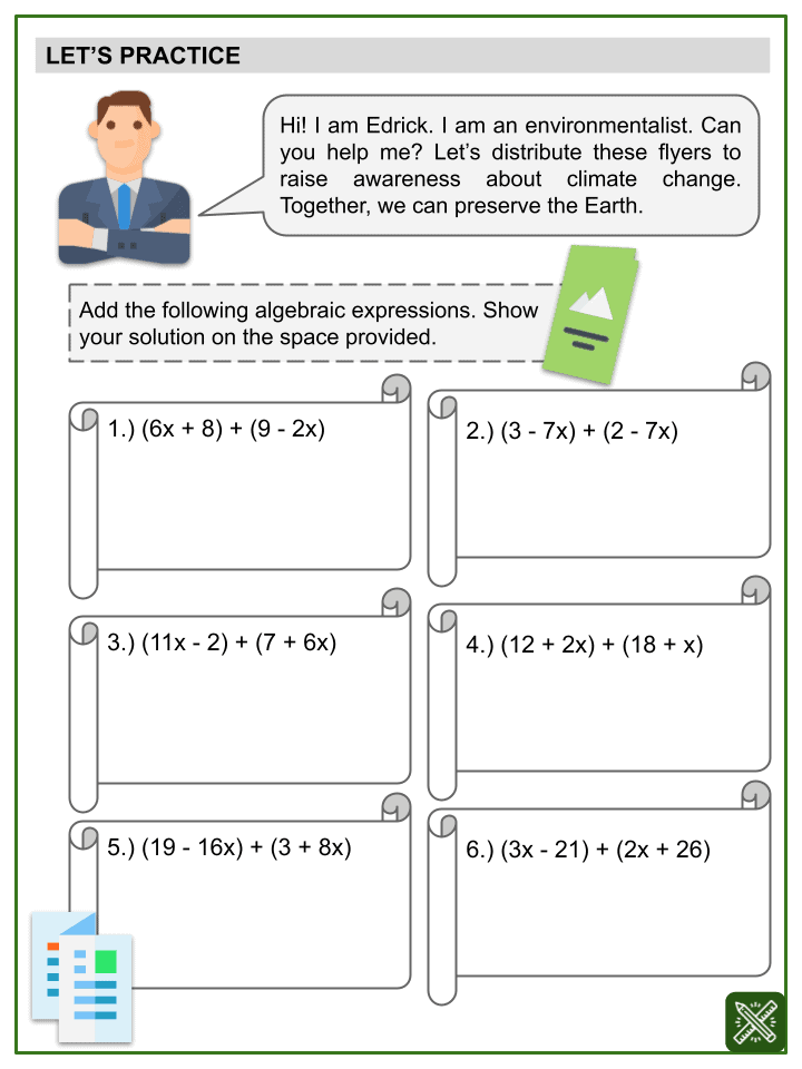 Addition of Algebraic Expressions Math Worksheets | Ages 12-14 ...