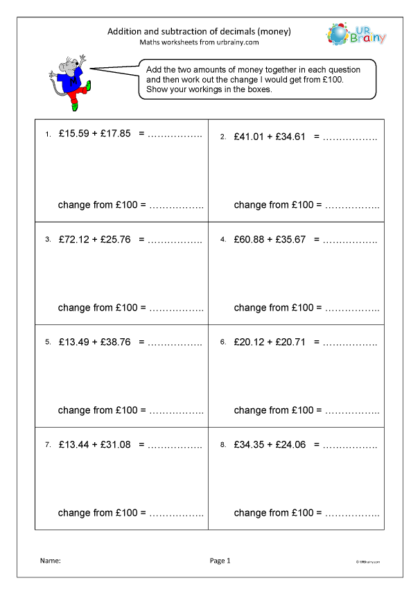 addition of decimals worksheet free