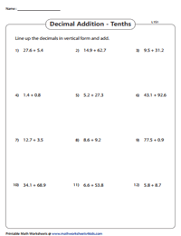 addition of decimals worksheet