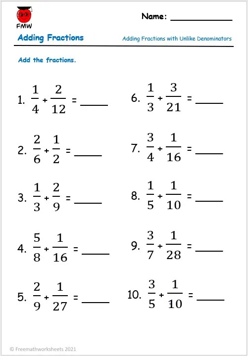 addition of fractions worksheet