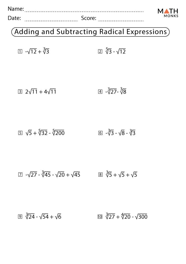 addition of radicals worksheet