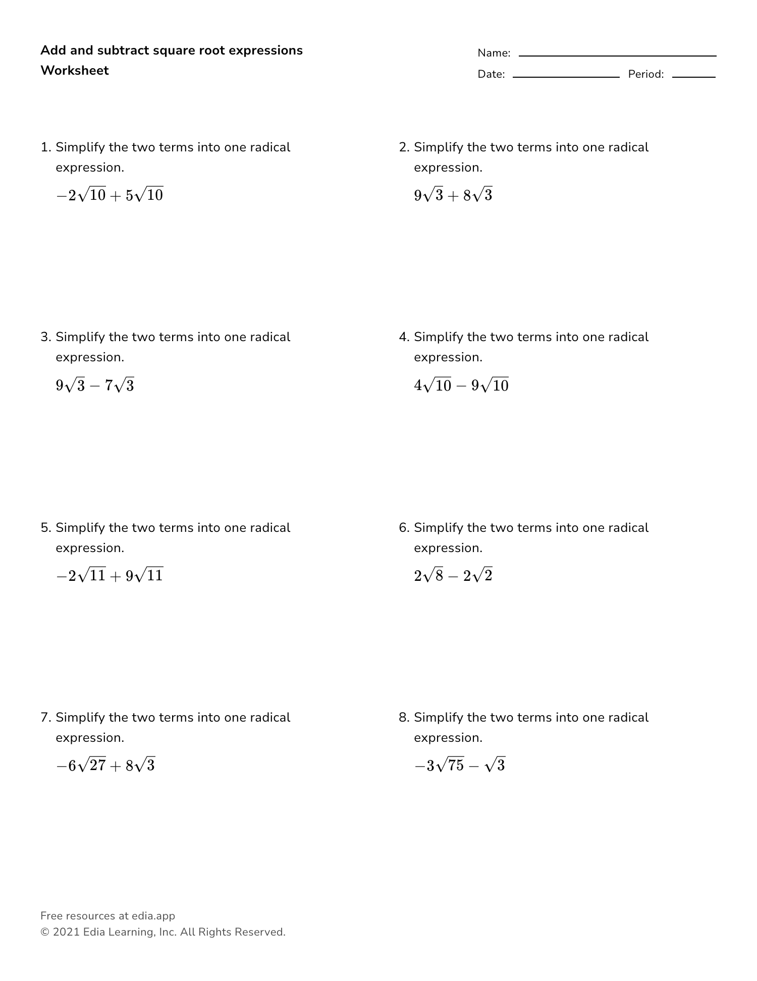 addition of radicals worksheet