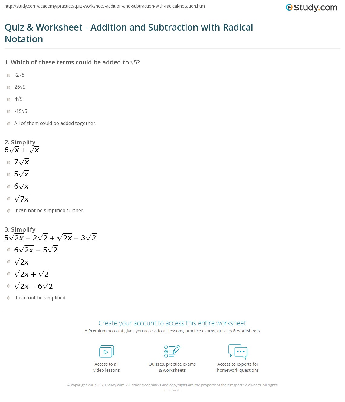 addition of radicals worksheet