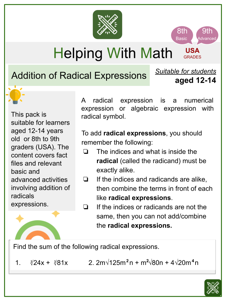 addition of radicals worksheet