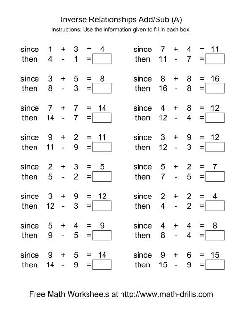 Inverse Relationships -- Addition and Subtraction -- Range 1 to 9 (A)