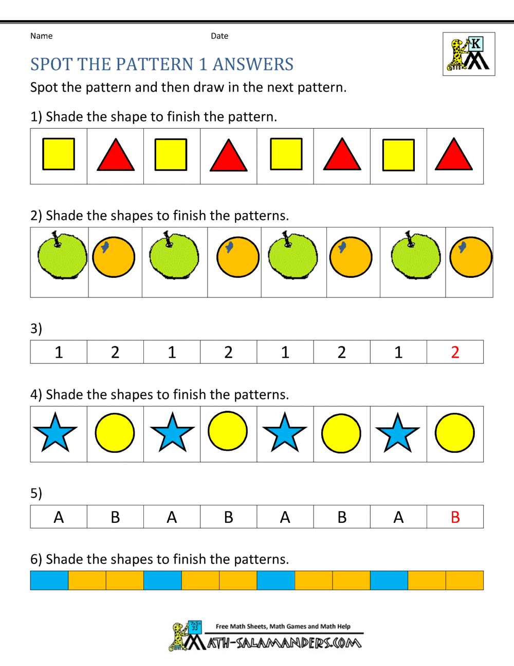 Free Kindergarten Worksheets Spot the Patterns
