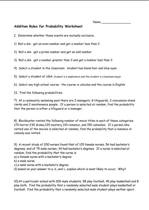 Solved Name Addition Rules for Probability Worksheet I. | Chegg.com