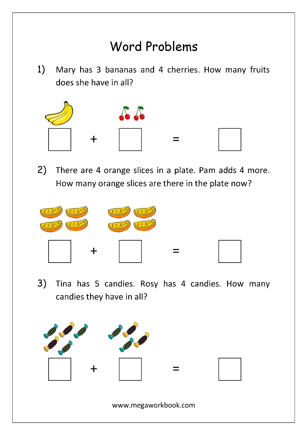 Addition and Subtraction Word Problems Worksheets For Kindergarten ...