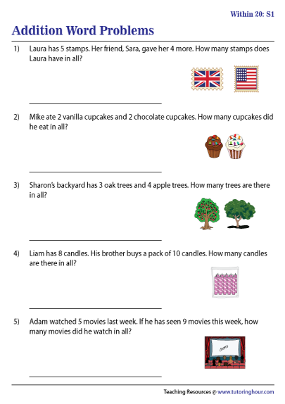 Addition Within 20 Word Problems Worksheets