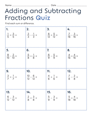 Adding and Subtracting Fractions Quiz | Worksheet 