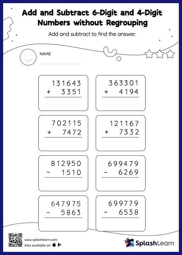 Add and Subtract Two 6-Digit Numbers with Regrouping: Vertical ...
