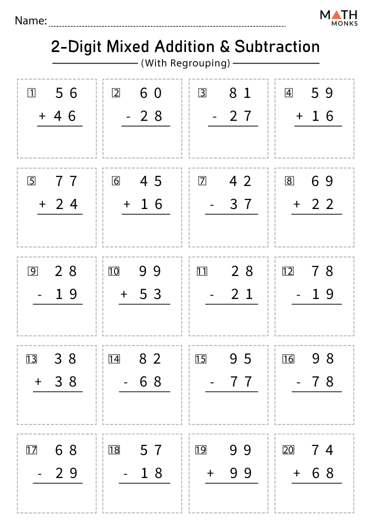 Addition and Subtraction with Regrouping Worksheets with Answer Key