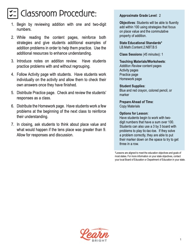 Addition Review, Free PDF Download - Learn Bright