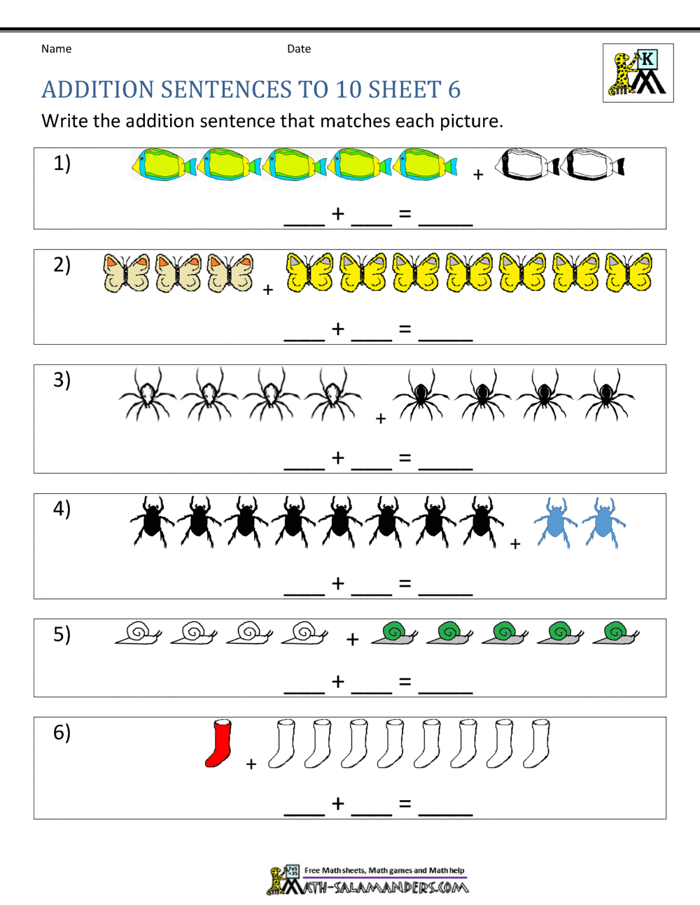 addition sentence worksheet first