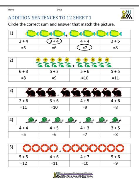 addition sentence worksheet for grade 1