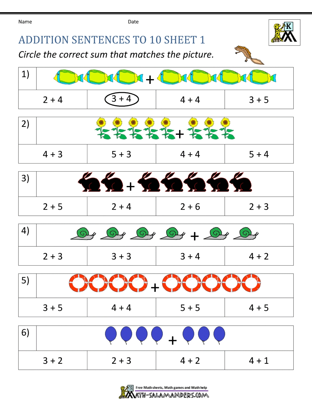 addition sentence worksheet for