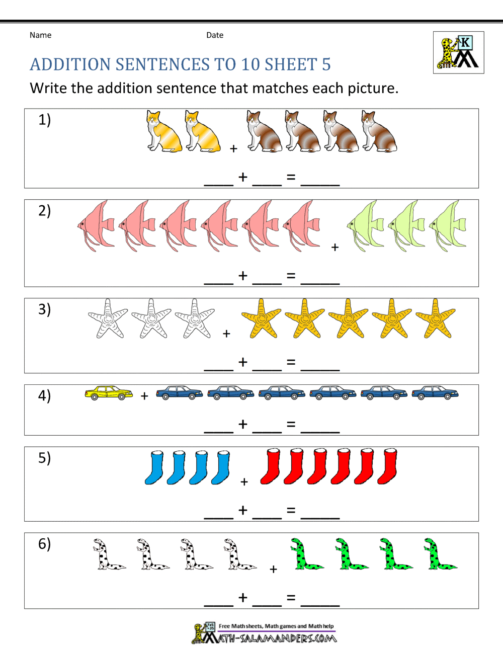 addition sentences worksheet