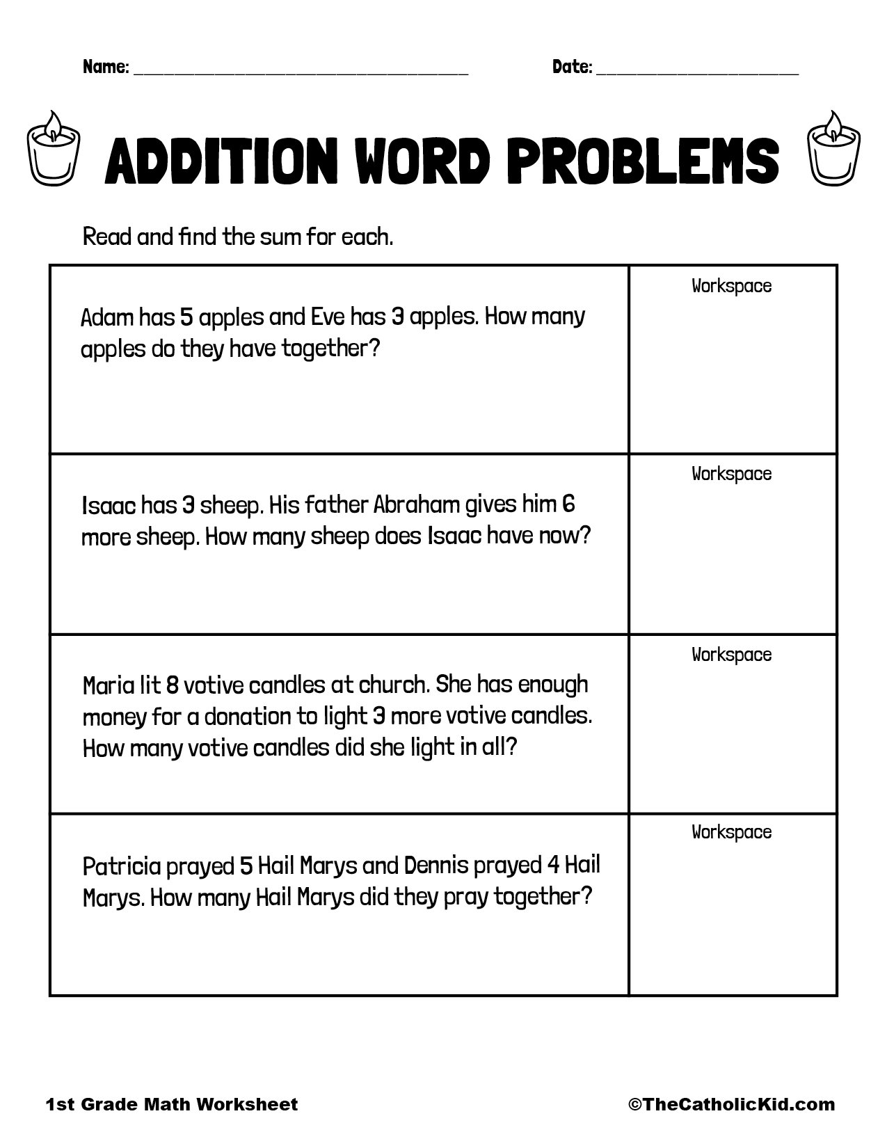 Addition Word &  Story Problems - 1st Grade Math Worksheet Catholic