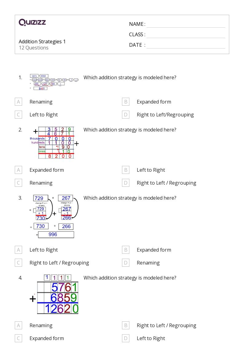 addition strategies worksheet for grade