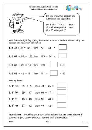 addition subtraction inverse worksheet ks1