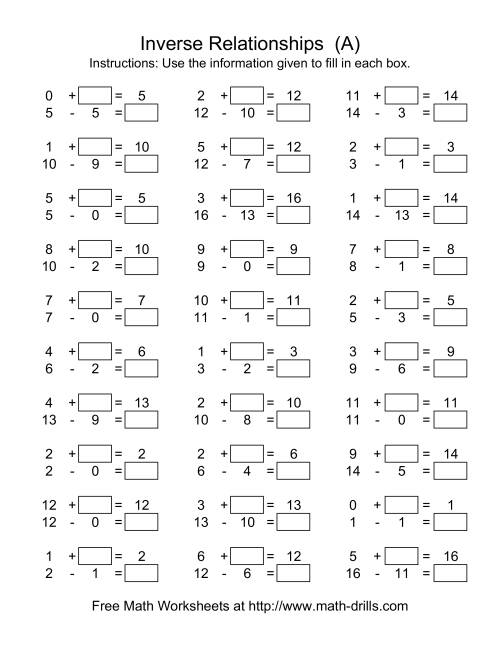 addition subtraction inverse worksheet