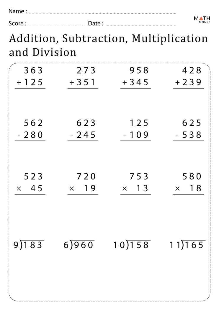 Addition Subtraction Multiplication Division Worksheets with ...
