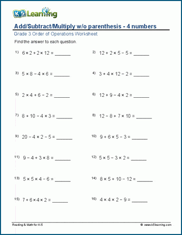 addition subtraction multiplication division worksheet