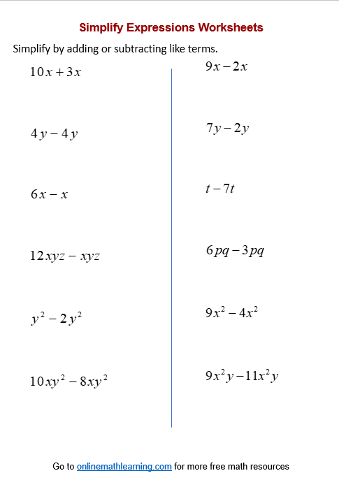 Simplify Expression Worksheets - Add, Subtract (printable, online ...