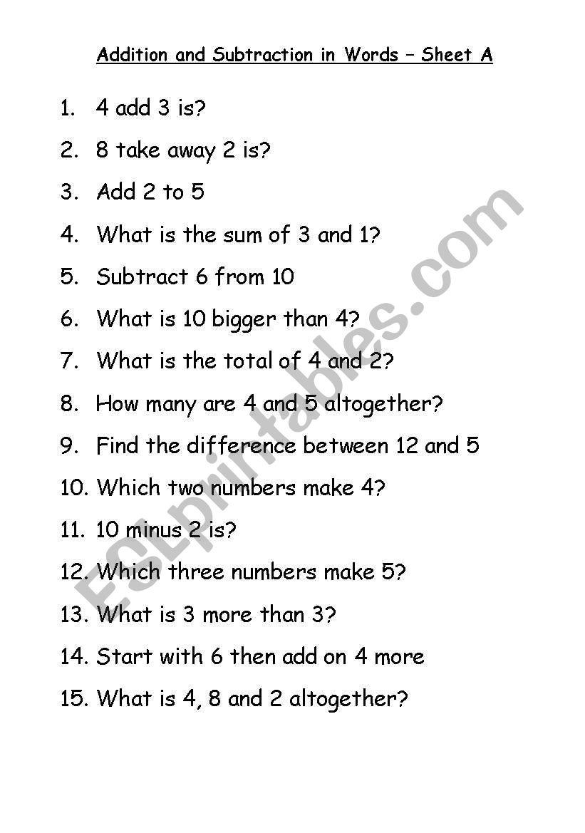 addition subtraction vocabulary worksheet
