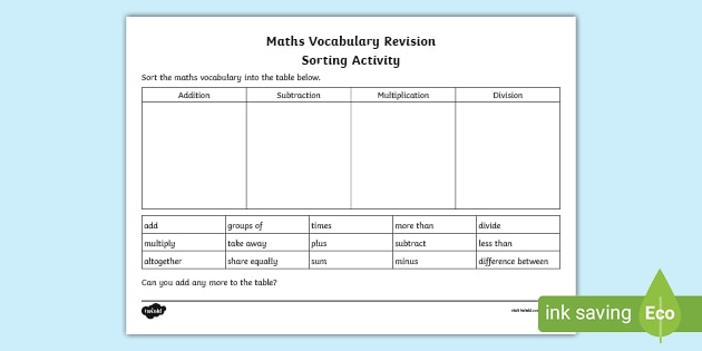 addition subtraction vocabulary worksheet