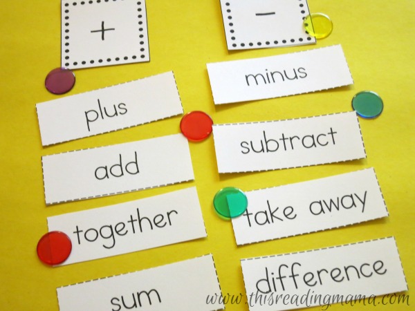 addition subtraction vocabulary worksheet