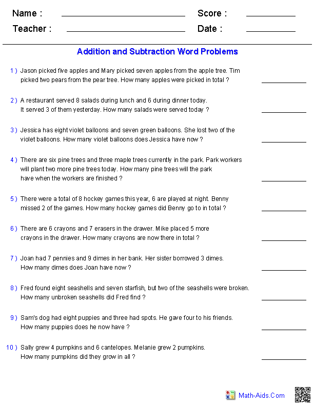 addition subtraction word problems worksheet