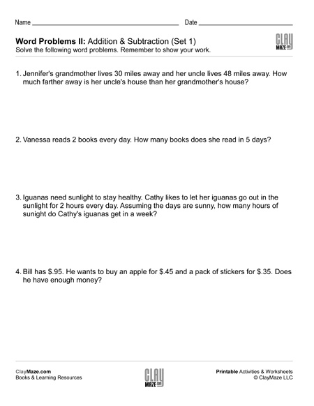 addition subtraction word problems worksheet